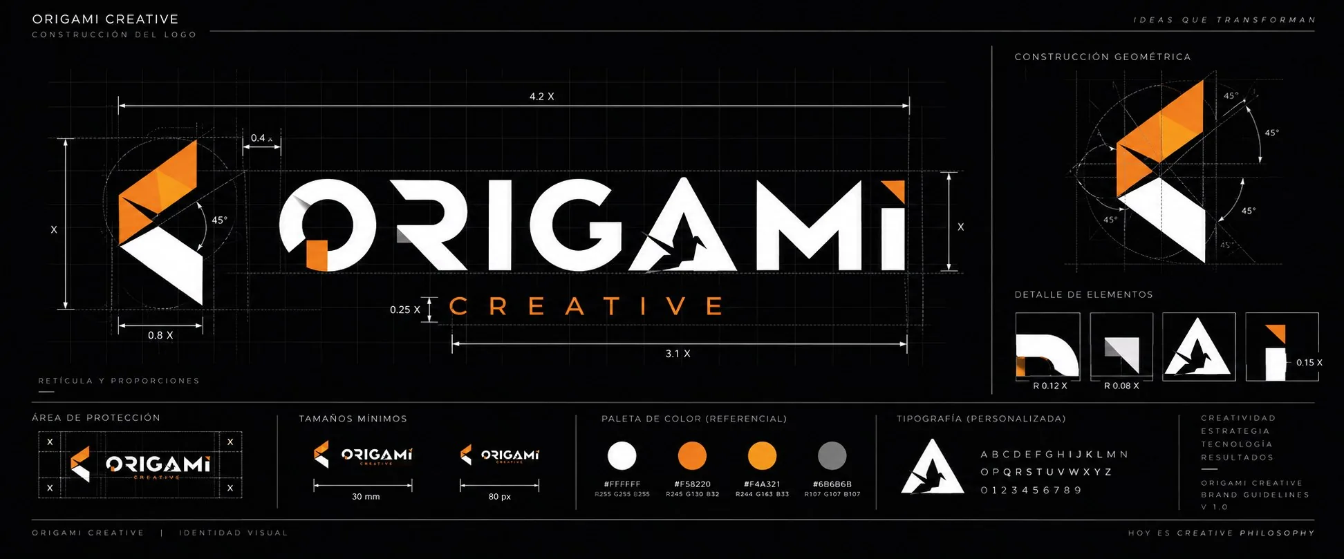Lámina de construcción de logo: retícula, proporciones, geometría, tamaños mínimos, paleta y tipografía.