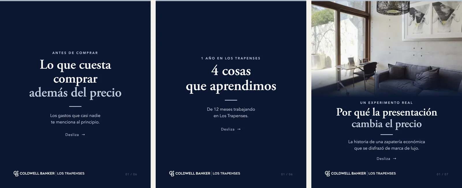 Portadas de tres carruseles de Coldwell Banker Los Trapenses: lo que cuesta comprar además del precio, cuatro cosas que aprendimos y por qué la presentación cambia el precio