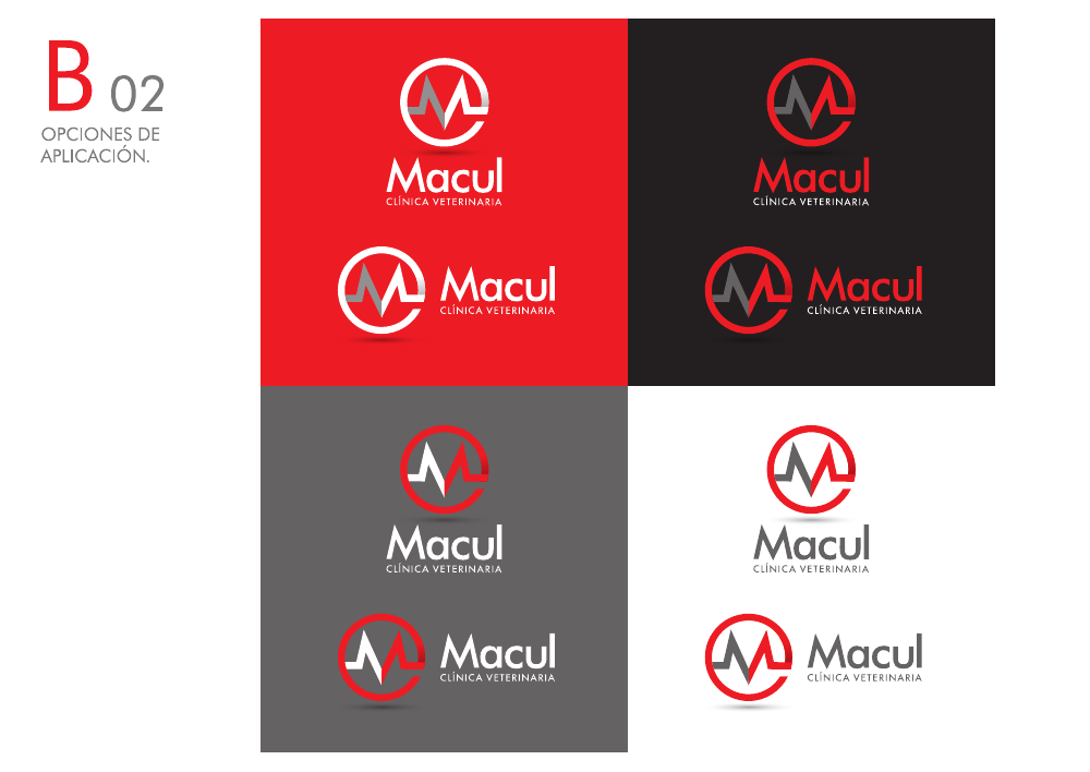 Versiones verticales y horizontales de Macul sobre fondos rojo, negro, gris y blanco