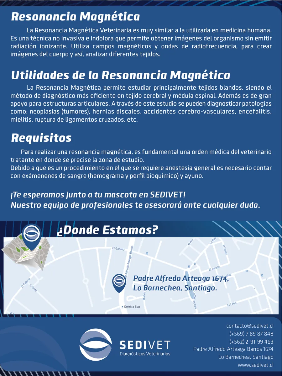 Back of the Sedivet brochure: what an MRI is, its uses, exam requirements and a location map