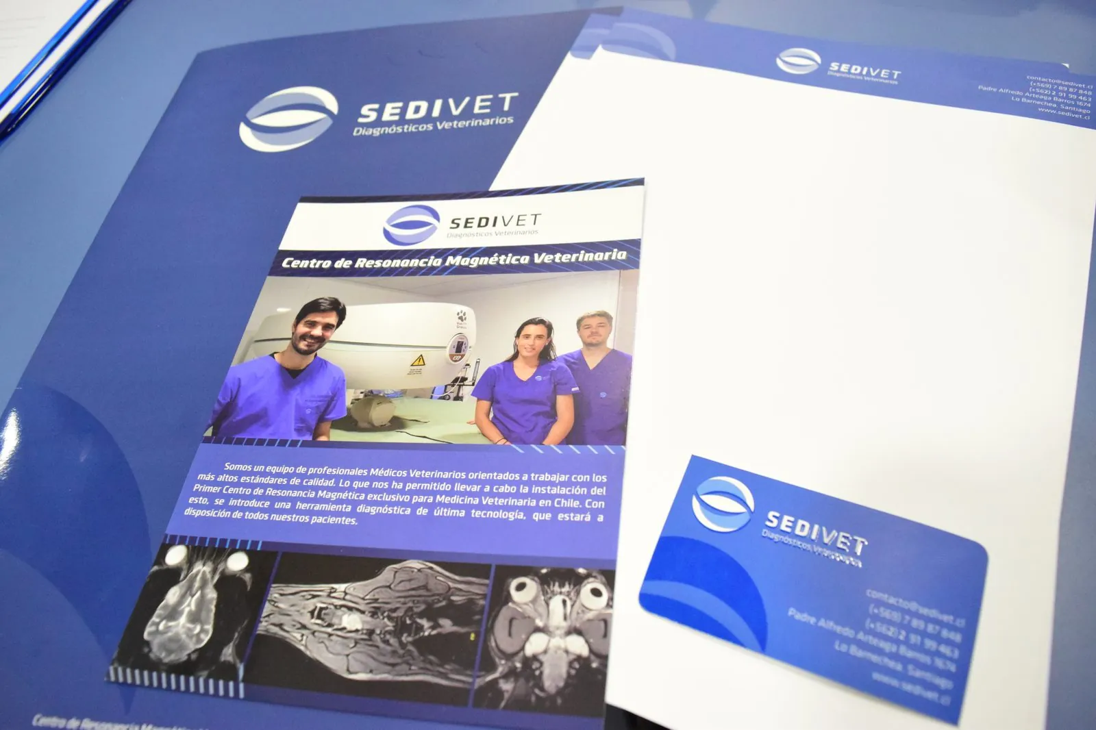 Sedivet folder, letterhead, Veterinary MRI Center brochure and business card