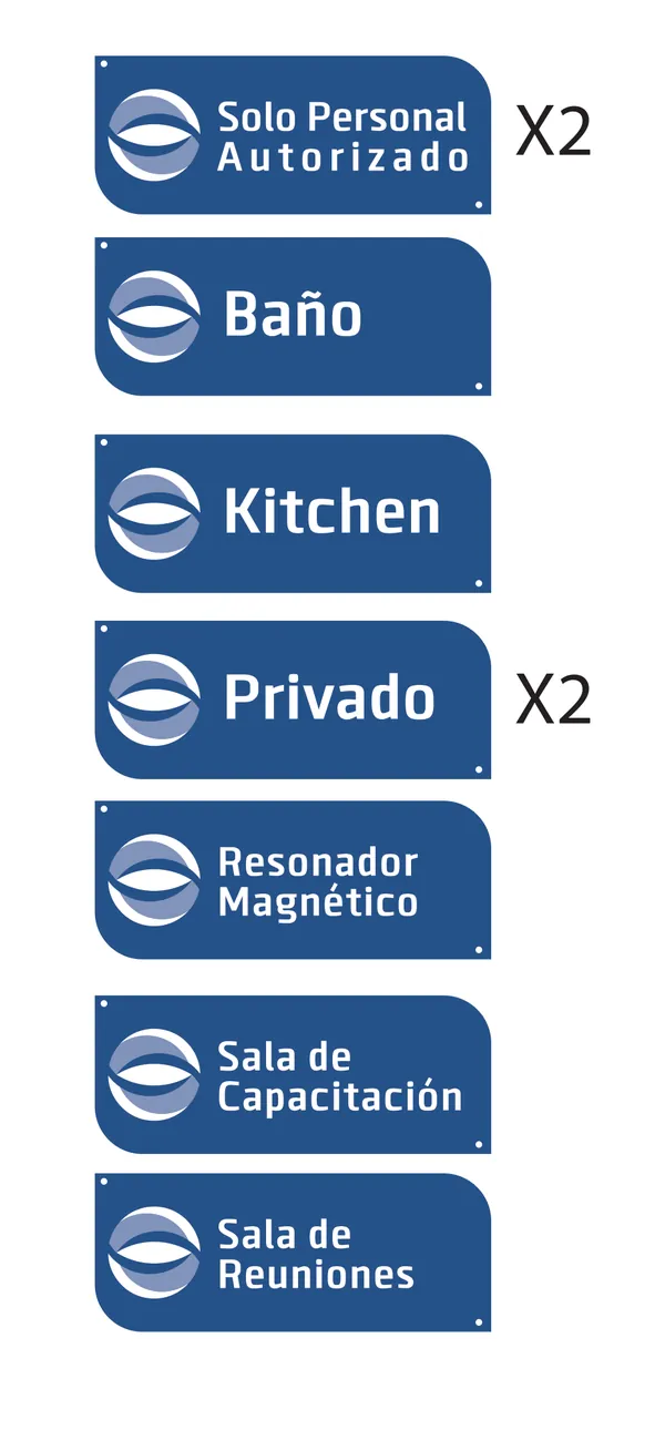 Sedivet interior signage: blue plates for the restroom, kitchen, private area, MRI room, training room, meeting room and staff only